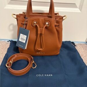 Cole Haan Brown Leather Drawstring Bucket Bag with Gold Hardware